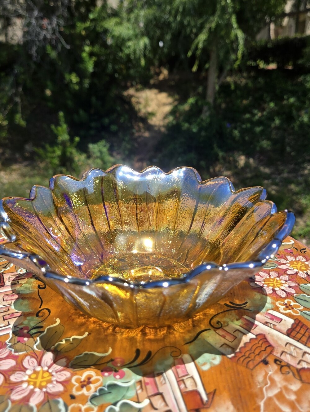 Vintage Indiana Iridescent Carnival‎ Glass Marigold Sunflower Candy/Trinket Dish